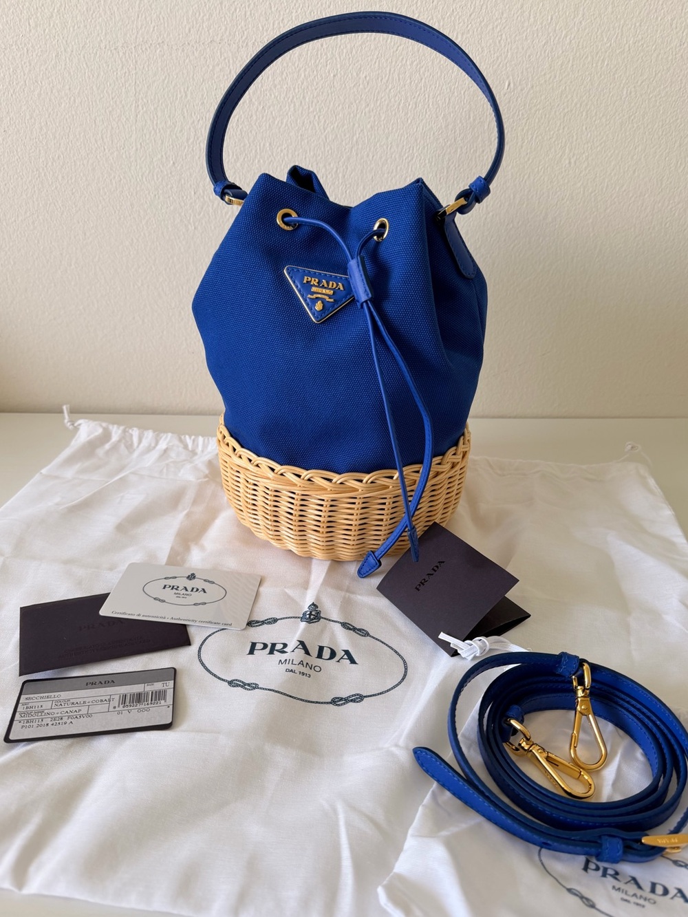 NEW Prada Royal Blue Canvas Bucket Bag with Wicker Base Authentic